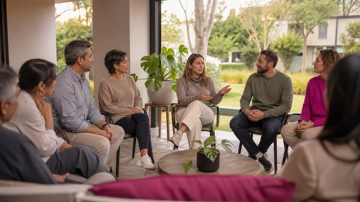 Vecinas y vecinos participando en una conversación ordenada en un salón común