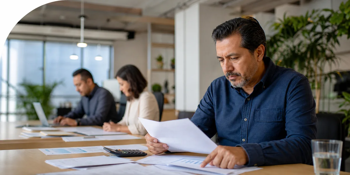 Administrador revisando un presupuesto de mantenimiento en una mesa de trabajo