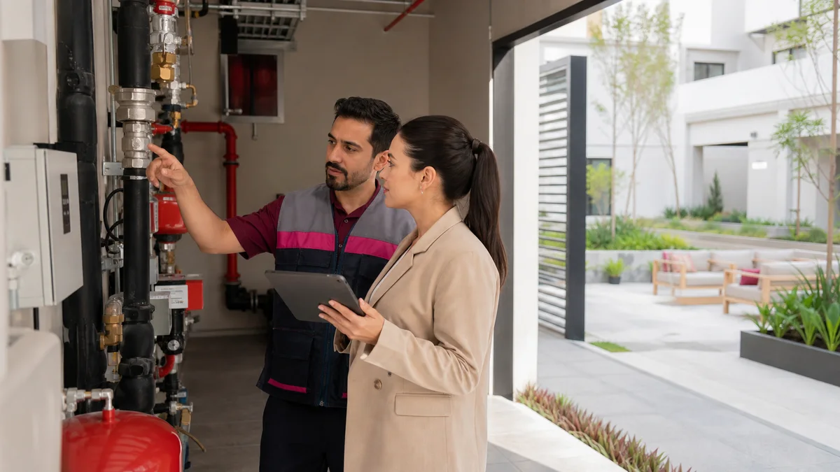 Administradora y técnico revisando instalaciones comunes de un condominio