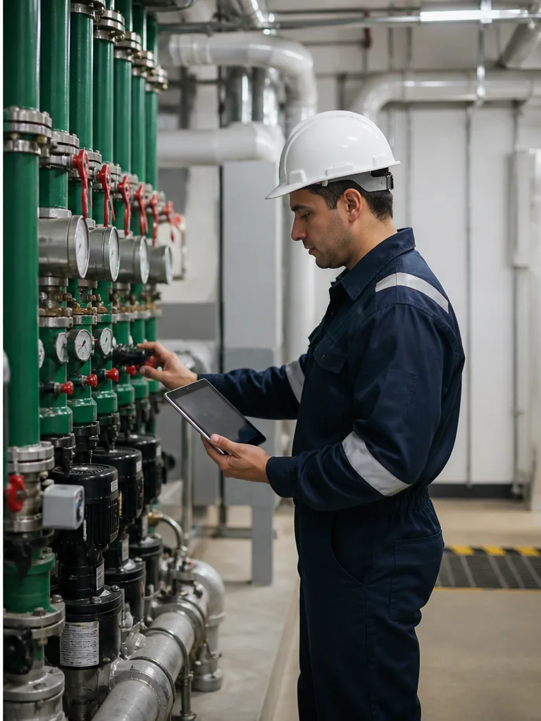 Técnico realizando una revisión preventiva en el cuarto de máquinas del condominio