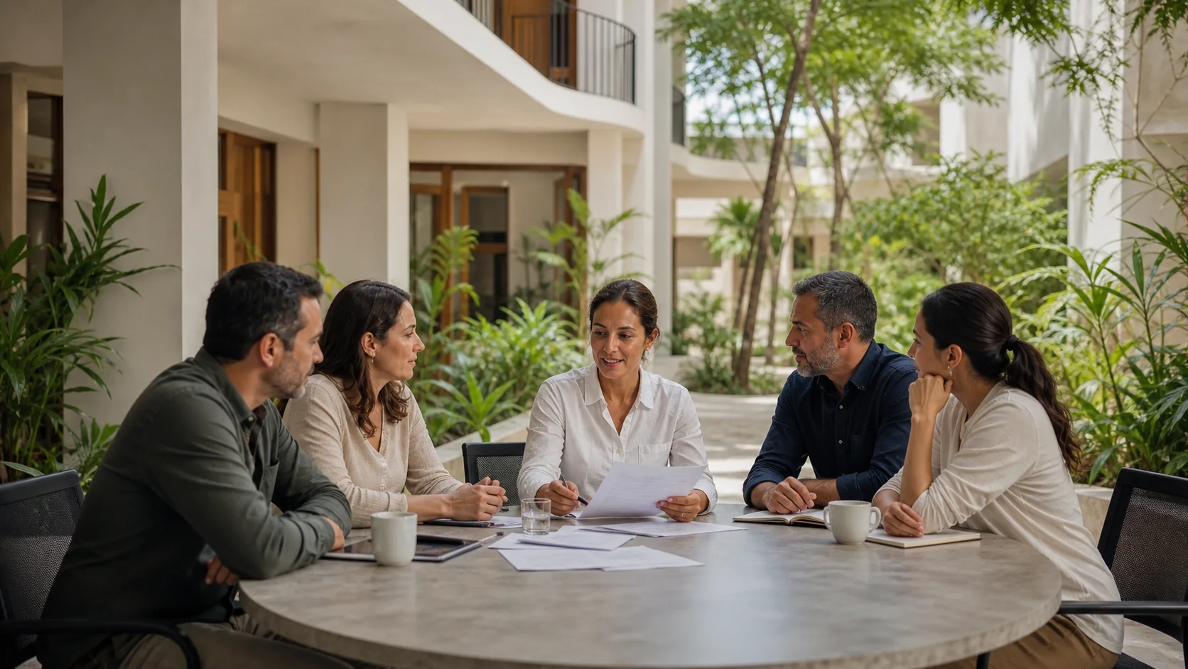 Comunidad condominal revisando documentos de trabajo en una mesa de área común